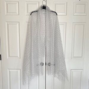 Elegant Sheer White Shawl W/ Delicate Silver Patterns For Formal Attire & Events